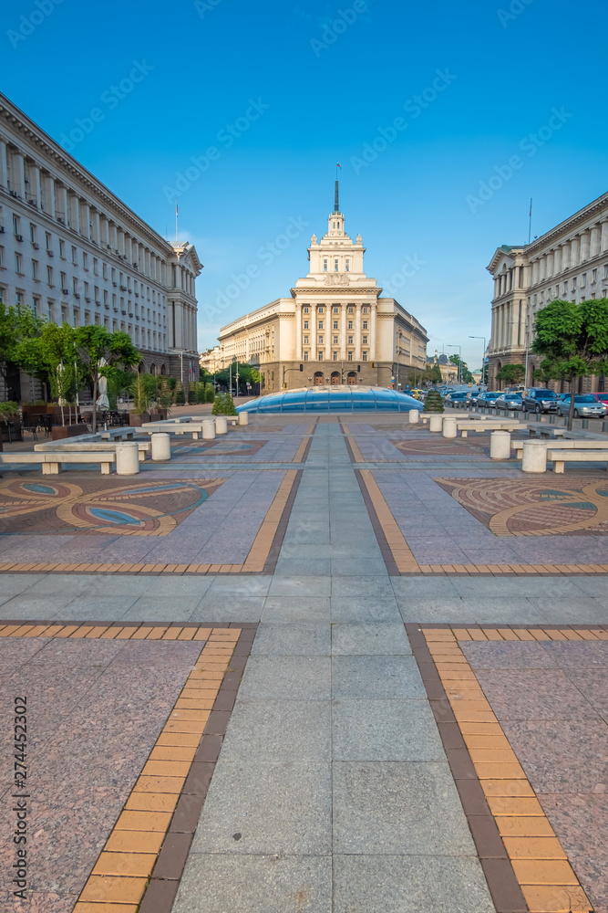 Monumental Communist era architectural legacy in the center of Sofia, Bulgaria.