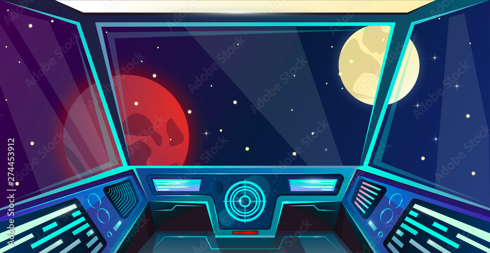 Spaceship futuristic interior of captains bridge in cartoon style. Command  post. Vector illustration with radar, screen, hologram, moon, mars and  stars. Space outside porthole. Cosmos vector Stock Vector | Adobe Stock