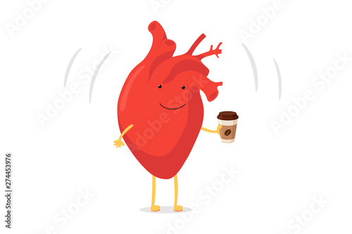Cute cartoon smiling heart character holding coffee paper cup and happy emoji emotion. Vector circulatory organ have healthy vigorous heartbeat. Funny illustration