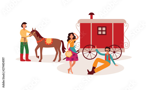 Gypsies or Romani traditional people characters flat vector illustration isolated.