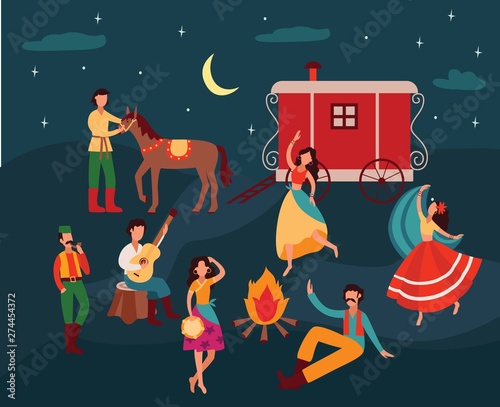 Gypsy people dancing in the night, cartoon men and women in traditional clothes playing music photo