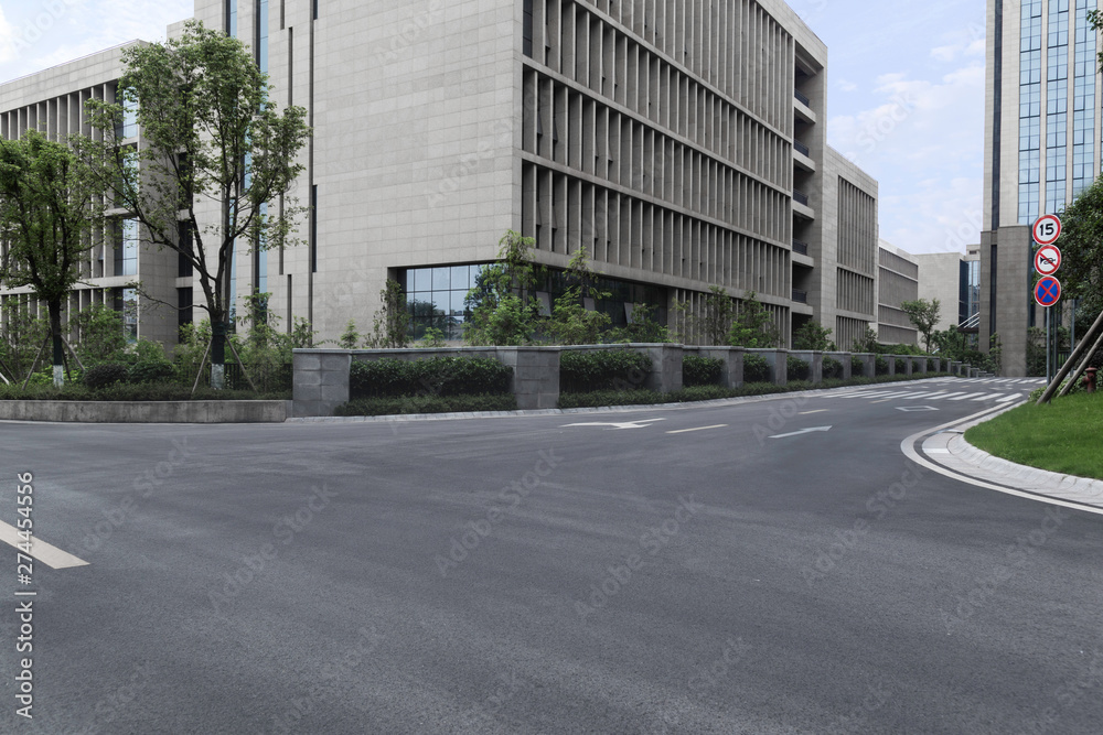 empty street in the city, and office building