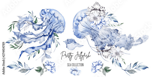 Collection of watercolor hand draw jellyfish and flowers, isolated on white background