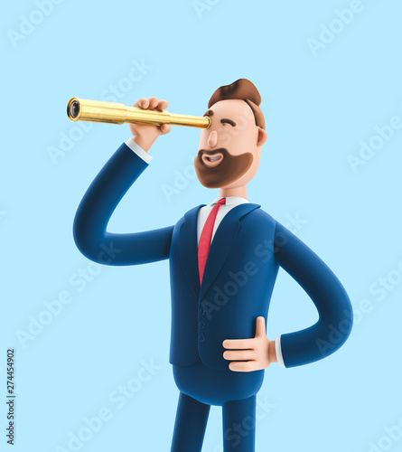 Businessman Billy  looking in future with spyglass. 3d illustration on blue background photo