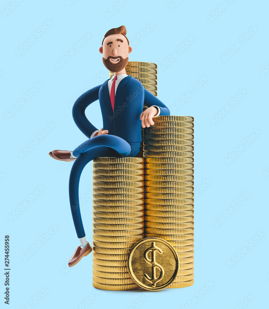 Portrait of a handsome cartoon character Billy with a stack of money. 3d  illustration on blue background Stock Illustration | Adobe Stock