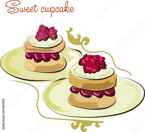 Cupcakes with sour cream and raspberries. Poster with illustration of homemade sweets