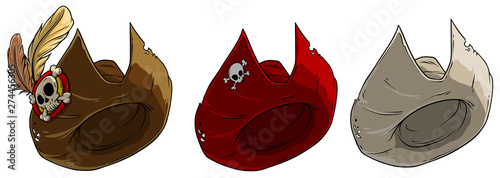 Cartoon different colorful pirate hat with skull badge and feathers. Isolated on white background. Vector icon set.