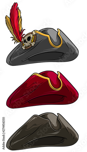 Cartoon different colorful tricorne pirate hat with skull badge and feathers. Isolated on white background. Vector icon set.