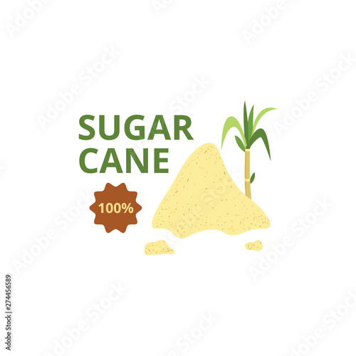 Sugar cane green plants with badge and brown sugar vector illustration isolated.