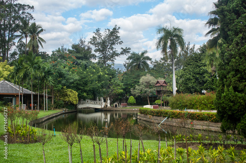 Lake, bird house and bridge surrounded by lush green vegetation, inside Buak Hard Public Park in Chiang Mai's old city photo