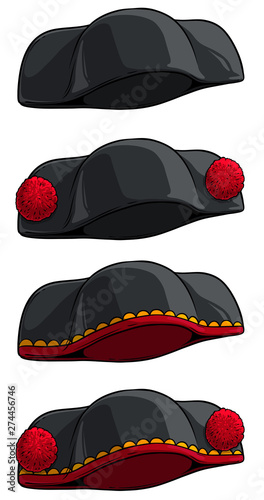 Cartoon black traditional spanish toreador or matador hat with red pompoms. Isolated on white background. Vector icon set. photo