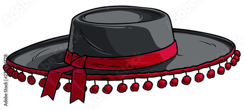 Cartoon black traditional spanish toreador or matador hat with red pompoms and ribbon. Isolated on white background. Vector icon.