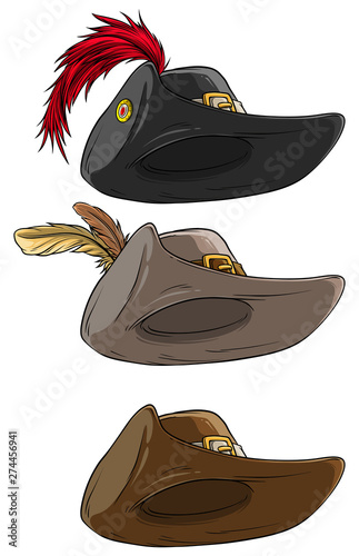 Cartoon colorful musketeer hat with belt, golden badge and feathers. Isolated on white background. Vector icon set. photo