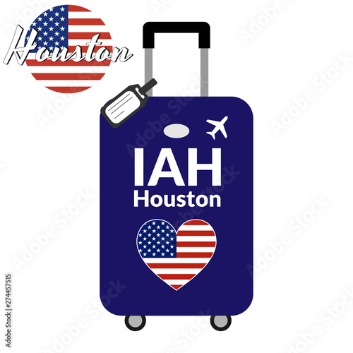 Luggage with airport station code IATA or location identifier and destination city name Houston, IAH. Travel to the United States of America concept. Heart shaped flag of the USA on the baggage.