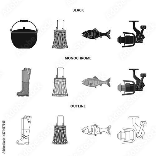 Vector illustration of fish and fishing icon. Collection of fish and equipment vector icon for stock.