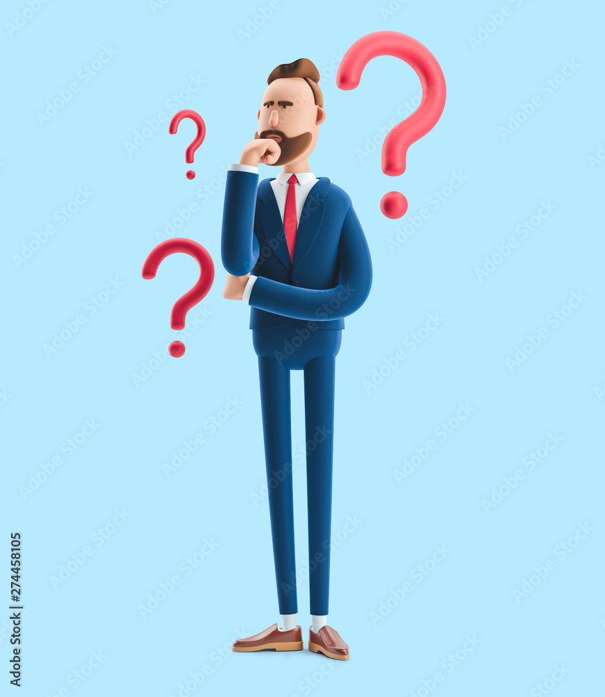Naklejka Cartoon character Billy looking for a solution. 3d illustration on blue background