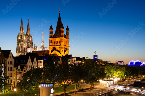 Great Saint Martin Church and Cologne Cathedral at night