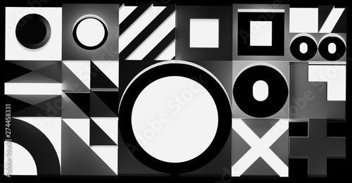 Composition of different illumination geometric shapes. Black and white background. 3D illustration