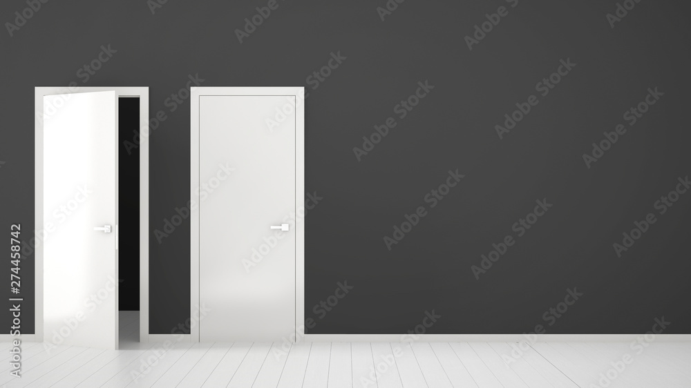 Empty room interior design with open and closed doors with frame, door handles, wooden white floor. Choice, decision, selection, option concept idea with copy space
