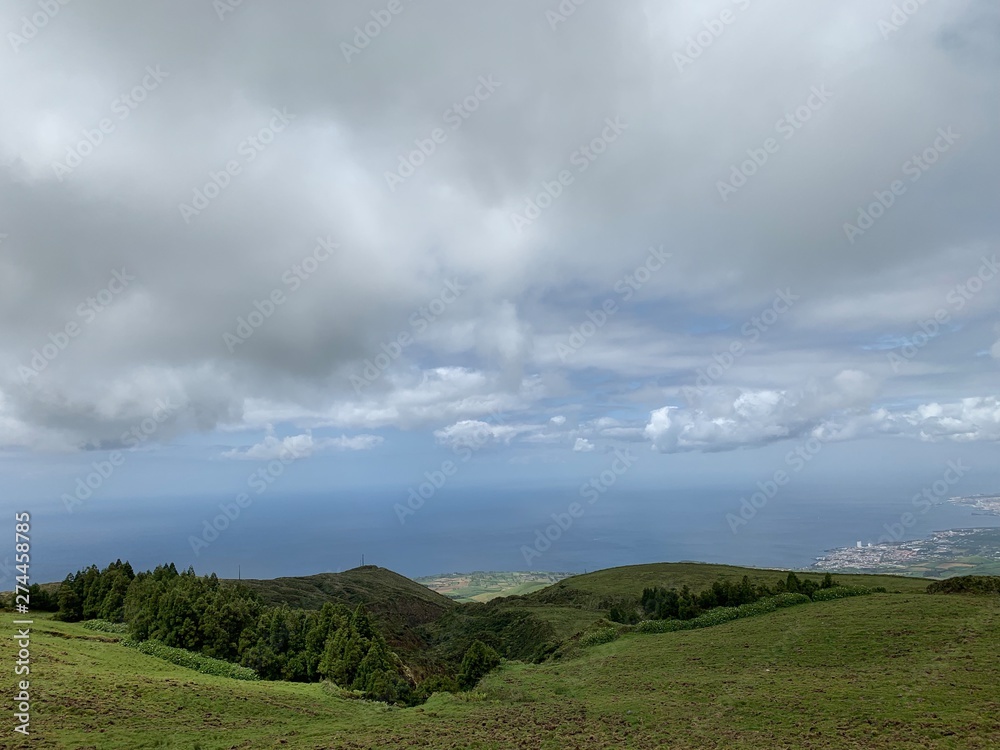 Mountain landscape with lakes on São Miguel island, Azores, Portugal near Lagoa do Fogo