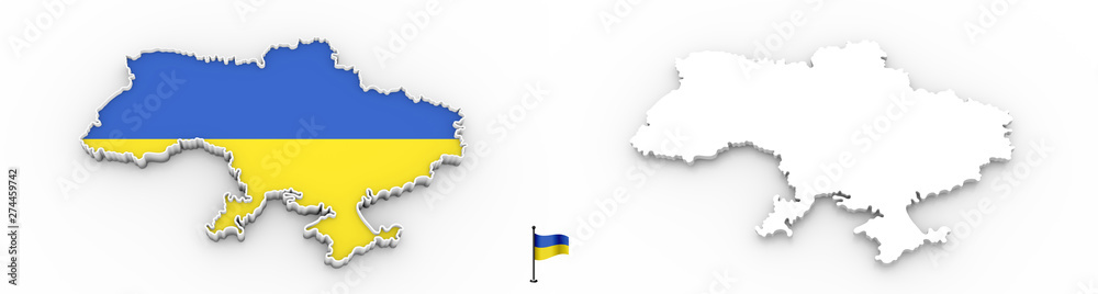 3D map of Ukraine white silhouette and flag 3D map of Ukraine white silhouette and flag