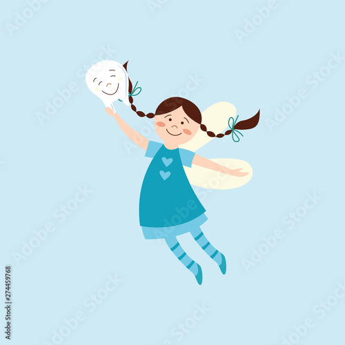 Cute tooth fairy happy about getting a tooth