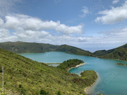 landscape with lake and mountains on São Miguel island, Azores, Portugal near Lagoa do Fogo