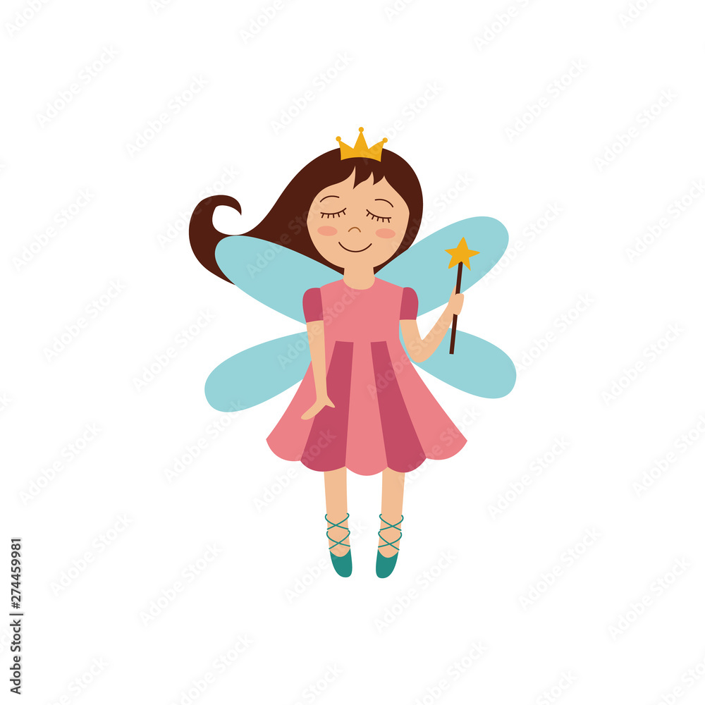 Cute fairy princess with magic wand and gold crown flying and smiling Cute fairy princess with magic wand and gold crown flying and smiling