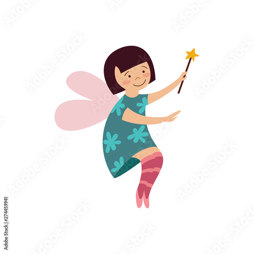 Cute fairy girl with magic wand the cartoon flat vector illustration isolated.