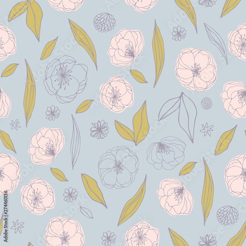 Floral vector seamless pattern with  flowers and leaves. Beautiful hand drawn flowers in  light pastel colors in vintage style. © dinadankersdesign