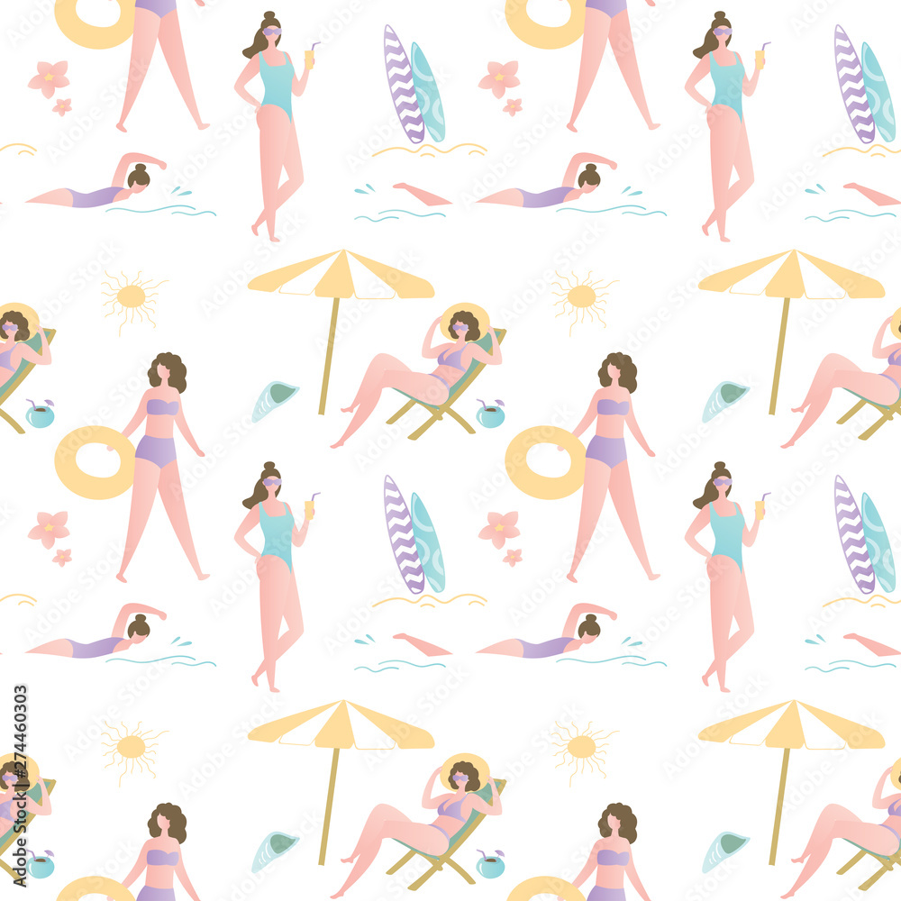 Summer vacation seamless pattern,Group girls on beach,funny active female characters,