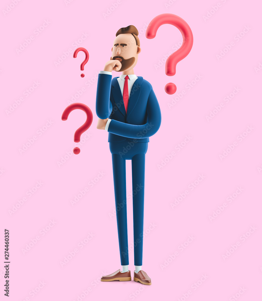 Naklejka Cartoon character Billy looking for a solution. 3d illustration on pink background