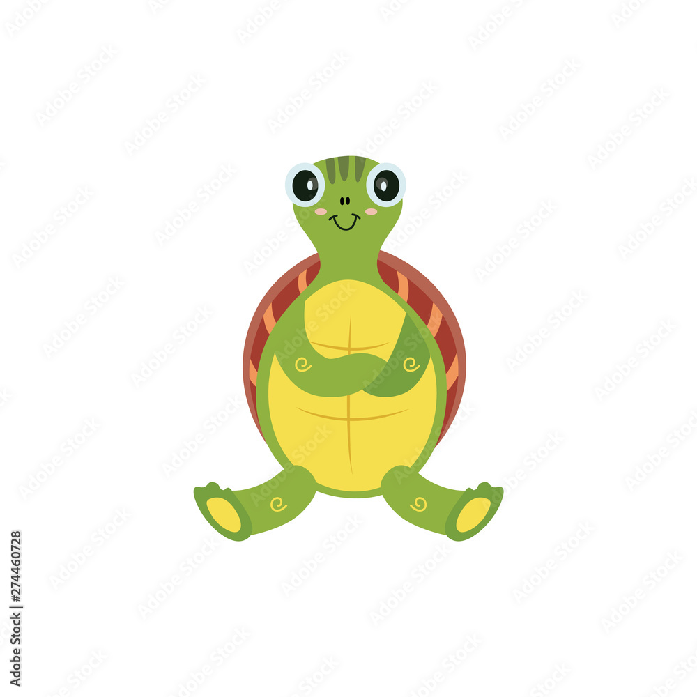Fototapeta premium Cute cartoon turtle isolated on white background, childish animal character sitting with arms crossed