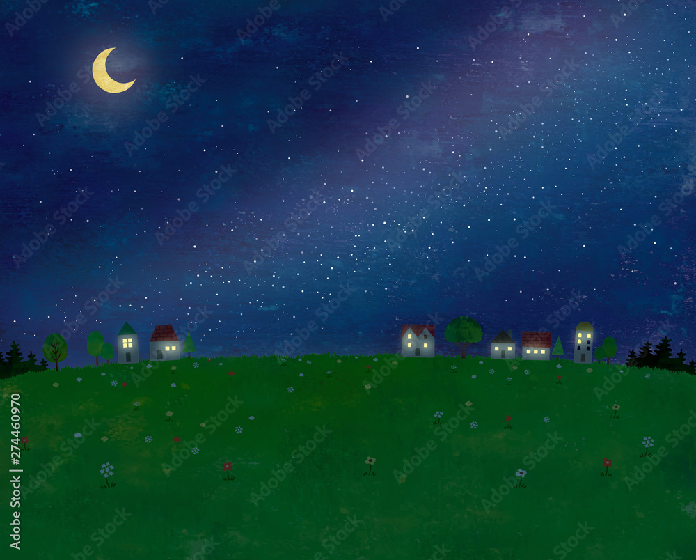 夜空と田舎町の景色油彩 Stock イラスト Adobe Stock