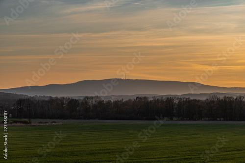 Klet hill with spring color sunset in south Bohemia