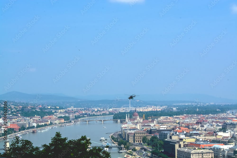 12.06.2019. Budapest, Hungary. Beautiful view of  historical part of the city, of old buildings and sights, river and coast, of transport.