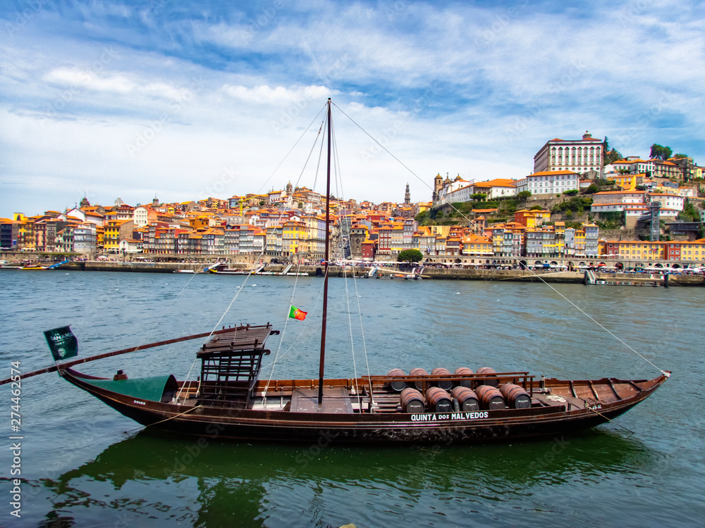 Rabelo boats moored on the Douro River in Porto, Portugal
