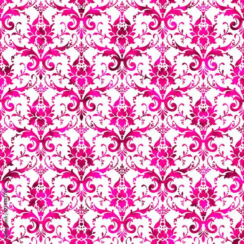 Hot Pink Damask Pattern on White Background Wallpaper 