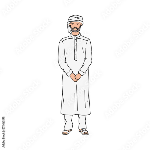 Cartoon Muslim man in traditional grey thobe and turban standing with serious face photo