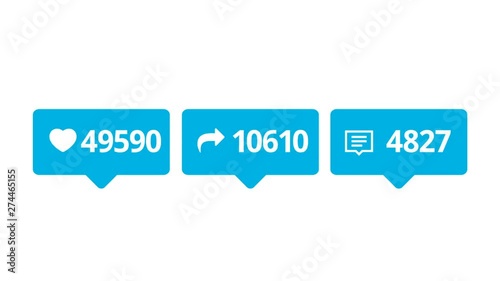 Like, Share and Comments colorful icons with increasing counting of numbers on white background. Animation. Abstract animation of social media reaction buttons