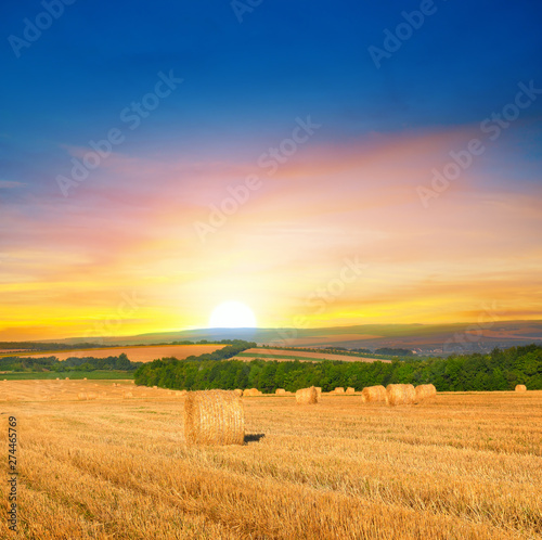 Straw bales on a wheat field and and sunrise.
