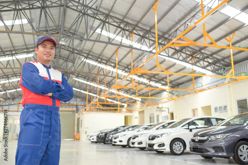 Car repair technicians with a wrench for car repair services, professional car service technicians, car inspection,  engine. Concept: Machine repair, error diagnosis, technical maintenance specialist.