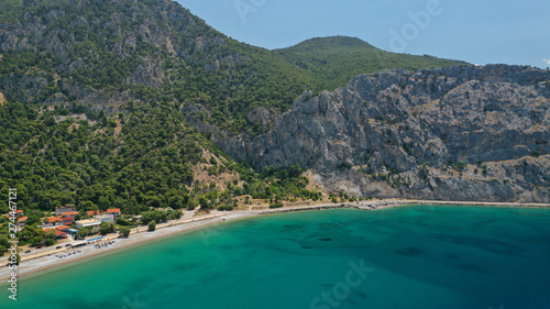 Aerial panoramic photo of famous sandy beach of Psatha in West Attica with emerald clear sea, Corinthian gulf, Greece © aerial-drone