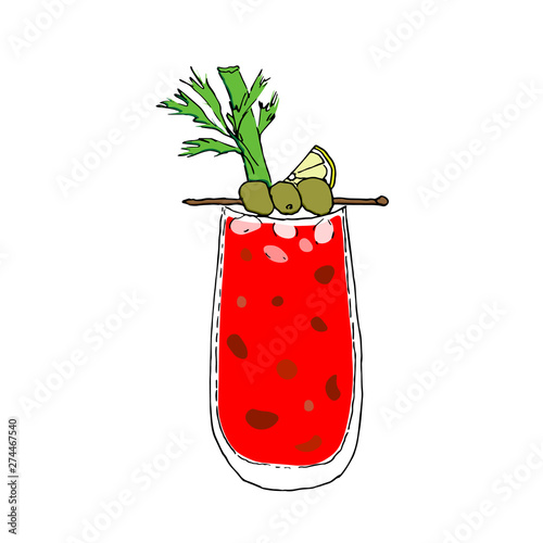 Bloody Mary Cocktail Color Digital drawing vector illustration. Glass on white isolated background