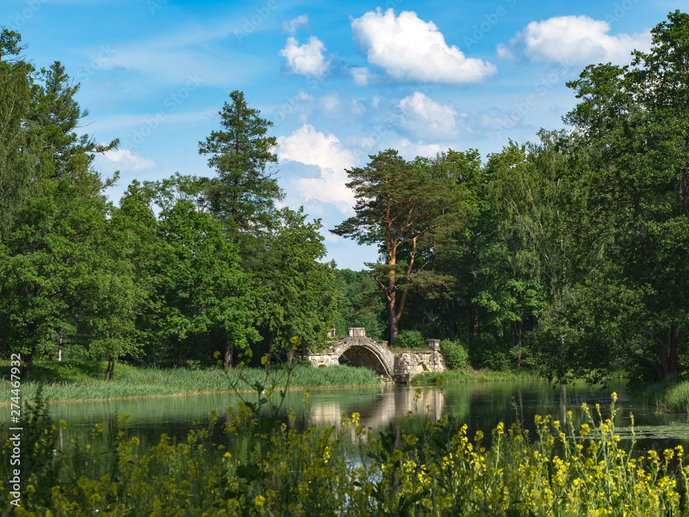 Beautiful summer landscape with an old bridge over the pond in the Park Beautiful summer landscape with an old bridge over the pond in the Park