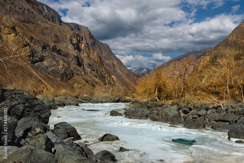 Russia. mountain Altai. The valley of the Chulyshman river in the heart of the village of Balykcha.
