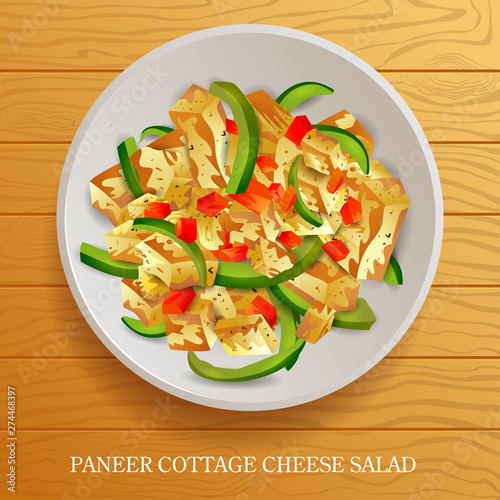vector illustration of Fresh and Healthy Paneer Cottage Cheese Salad on wooden background