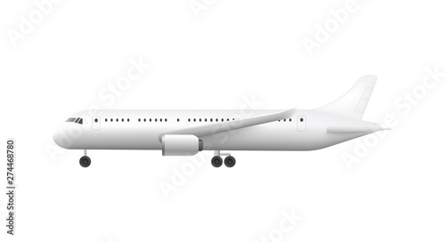 Side view of aircraft or white blank plane 3d vector illustration mockup isolated.