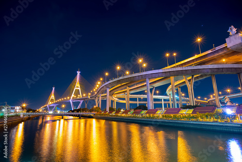 Photography Night view of Bhumibol Bridge, also known as Ring road bridge, across Chao Phraya river with colorful light during coronation of King of Thailand on year 2019