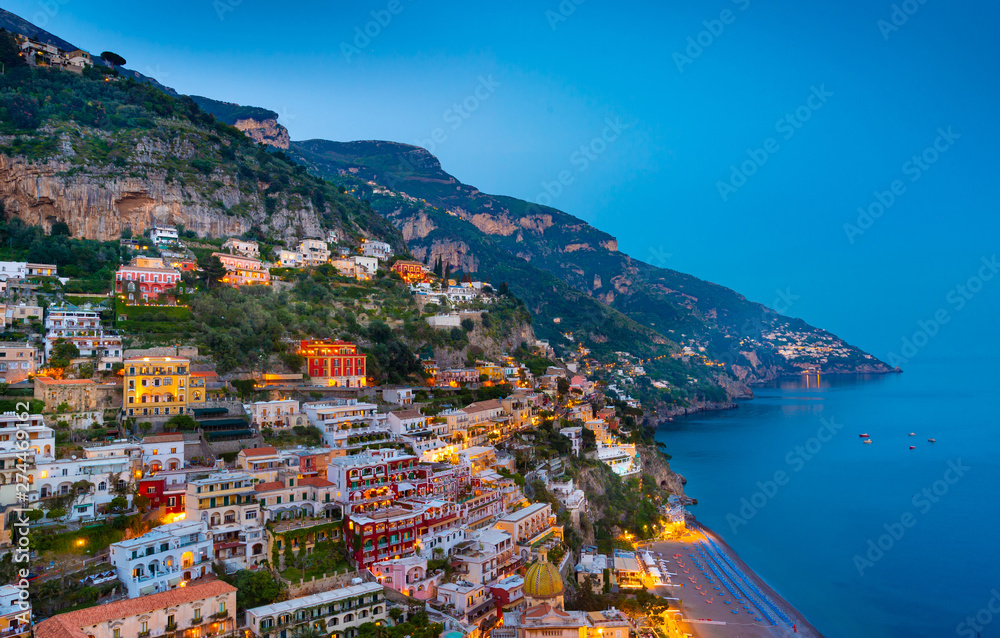 Sunset view of  Positano  town  at  Amalfi Coast, Italy.